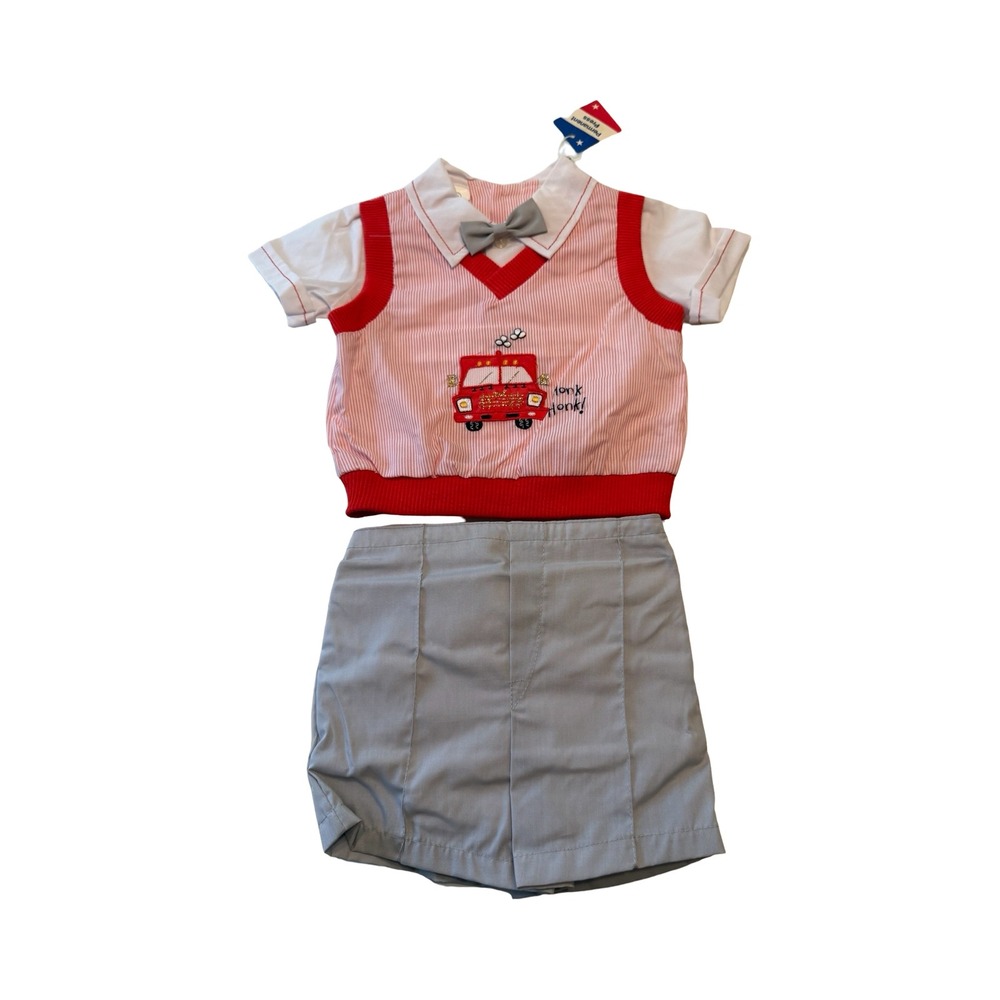 Cradle Togs Vintage Baby Boy Fire Truck 2pc Set Red Pinstripe Shorts 12M NEW